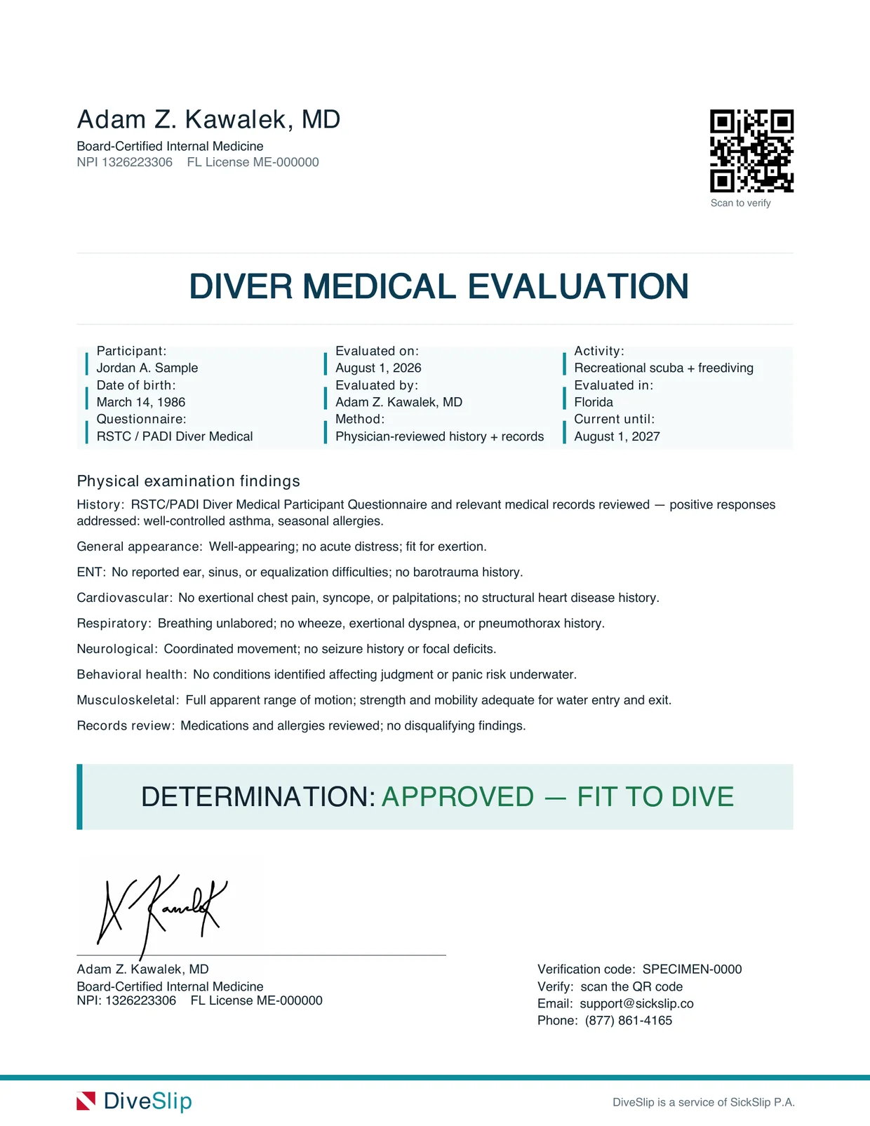 A specimen DiveSlip diver medical evaluation, signed by the physician