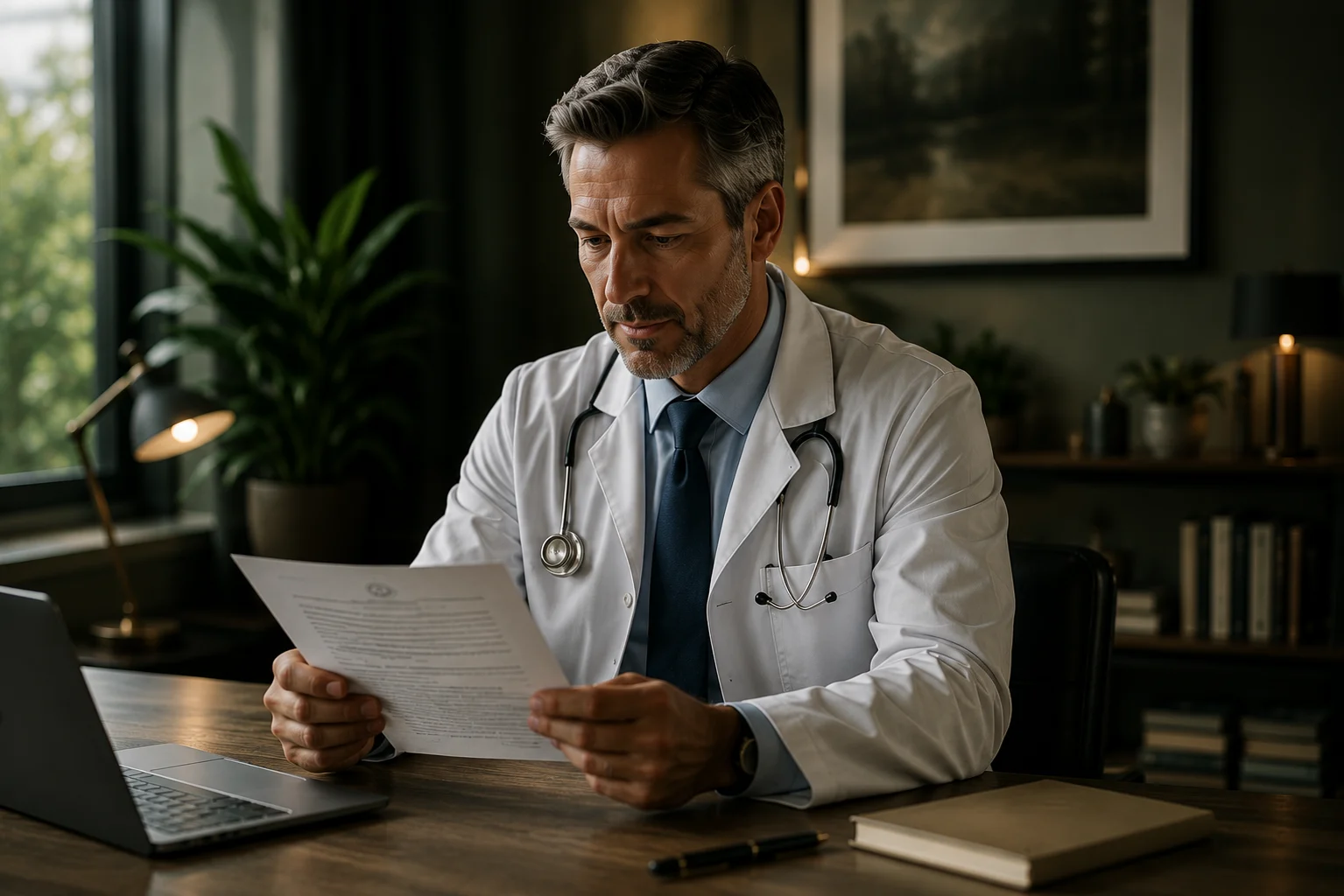 A physician reviewing records at his desk