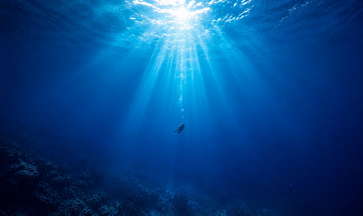 A diver descending through blue water under shafts of light