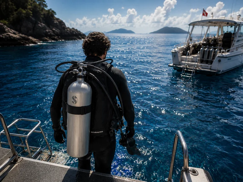 A diver gearing up on the boat deck